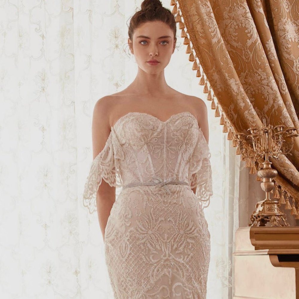 Baroque Motif Glitter Printed Off the Shoulder Mermaid Dress